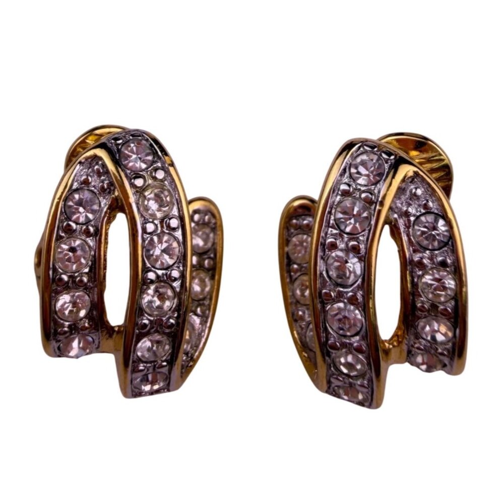 Monet Womens Gold Tone Rhinestone Clip-On Earrings Vintage Jewelry